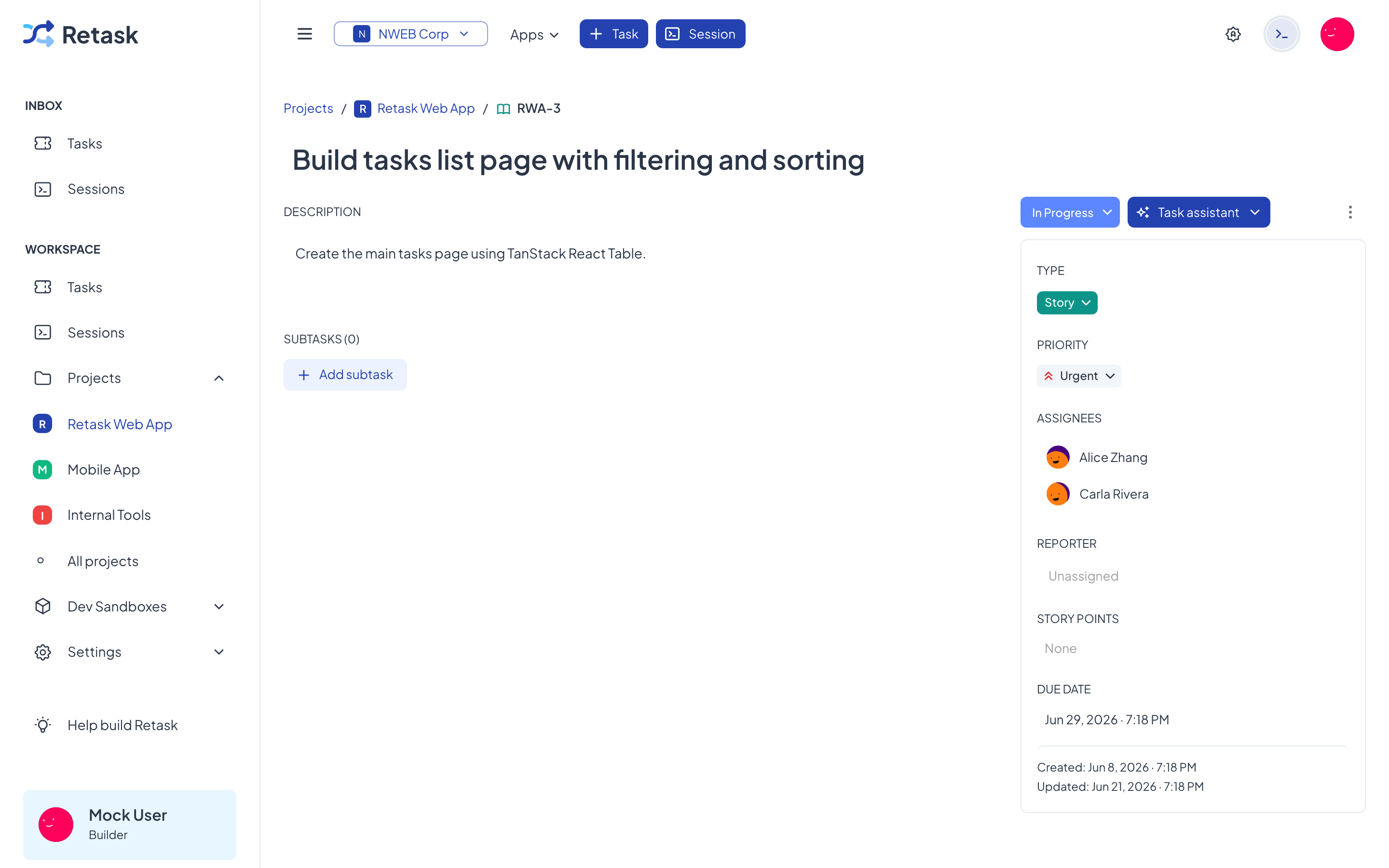 A task detail page with description, subtasks, status, priority, and assignees.