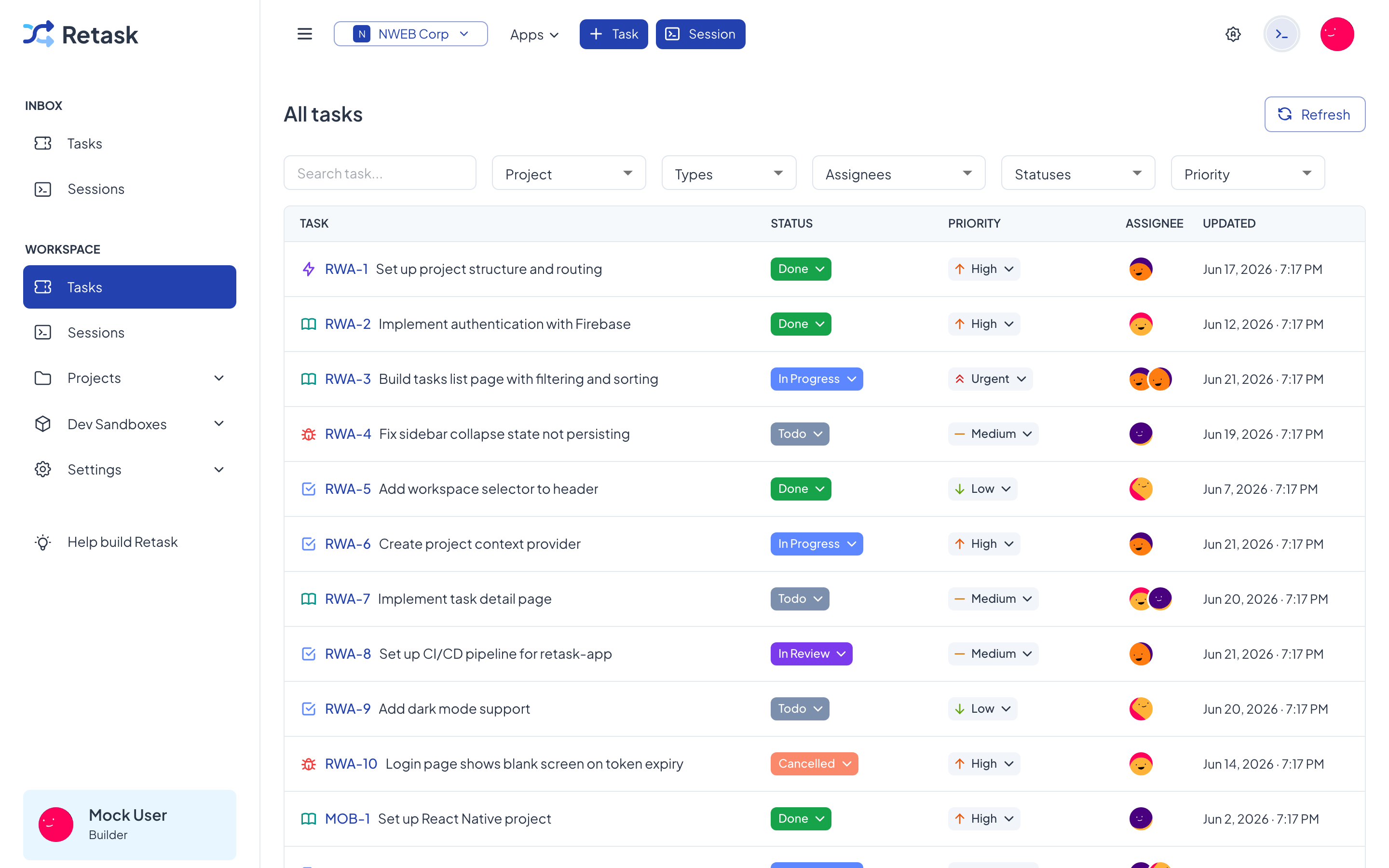 The Retask workspace with the All tasks view open.